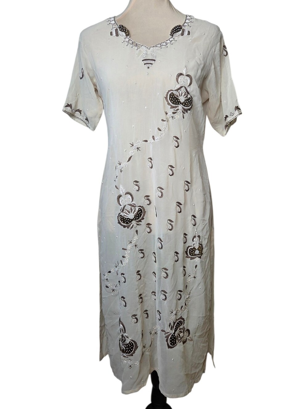 Vintage Pakistani Hand Beaded Embroidered Chiffon Kurta Kameez Cream Tunic Dress